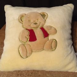 Brown Teddy Bear And Red Vest With Gold Shrimp Throw Pillow Beige 15 In