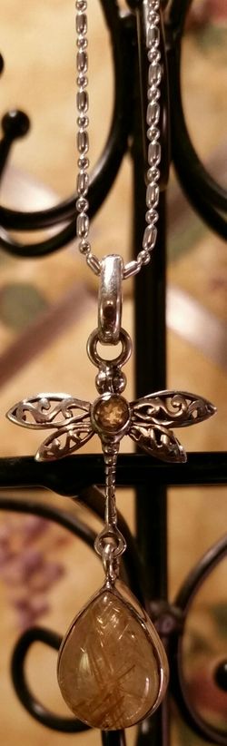 GENUINE GOLDEN RUTILE QUARTZ DRAGONFLY STERLING SILVER PENDANT NECKLACE JEWELRY