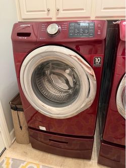 Samsung Frontload ENERGY STAR 4.2 cu ft Washer on Pedestal with Steam Wash and Merlot Samsung Frontload Gas Dryer on Pedestal