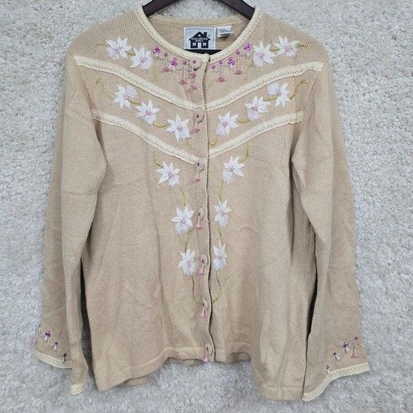 Storybook Knits Sweater Medium Tan Cardigan Floral Cottage Granny Orchid Evening