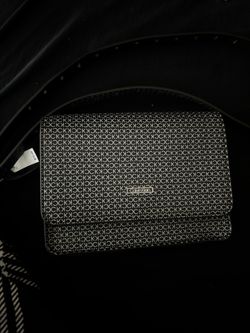 Calvin Klein Allover Monogram Flap Crossbody Bag in Black/Grey.