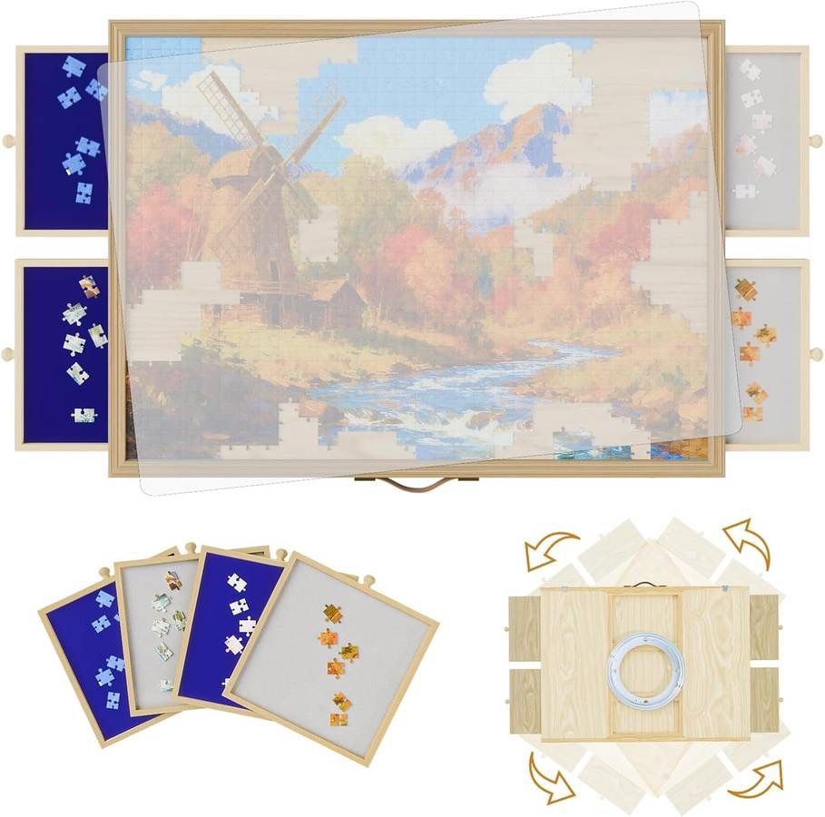 new 1500 Pcs Adjustable Jigsaw Puzzle Board with Drawers and Cover, 33.3"x24.3" Rotating Puzzle Table with Lazy Susan, Frame for Wall Art Display   Si