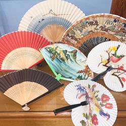 VINTAGE ORIENTAL COLLECTION OF 7 DISTINCTIVE HAND FANS POST 1940’s On SOLD AS GROUP ONLY