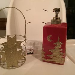 Gold Basket And Red And Gold Soap Or Lotion Dispenser New 