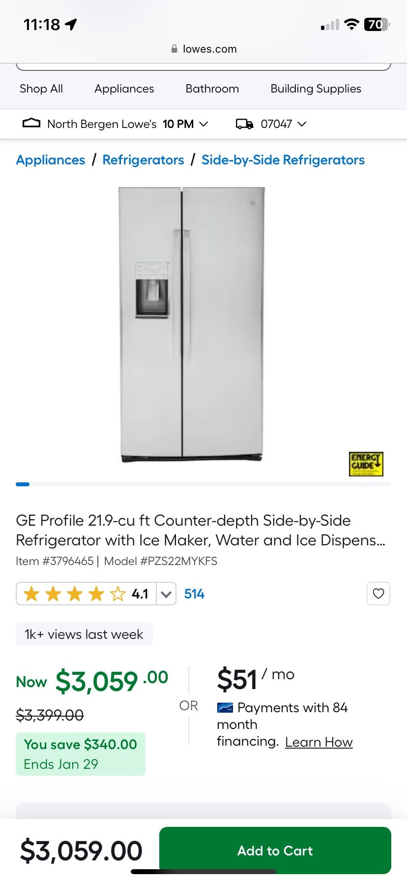 GE Profile Side by Side Refrigerator- GPZS22MYKFS- Brand New
