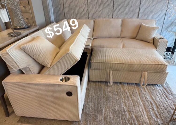 Beautiful Beige Convertible Sectional Sofa Set