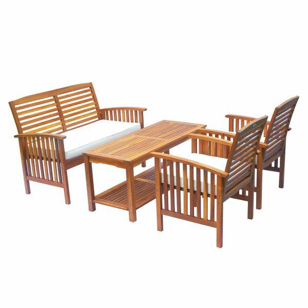 4 Piece Outdoor Acacia Wood Loveseat Coffee Table Lounger Conversation Set