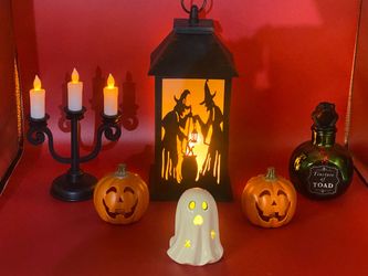 Lot of (6) Light Up Halloween Decorations Pumpkins Lantern Ghost Candelabra Jar