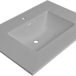 25"/31"/37" Solid Surface Polyurethane Resin Streamline Vanity Top with Sink-Durable, Consistent Grey Color, Easy-to-Clean, Built-in Overflow, Single-