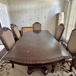 Brown Solid Wood Dining Table Set With Crème And Brown Wooden Chairs