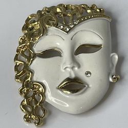 Vintage Goddess White Mask Face Theatre Gold Tone Trim Pin Brooch