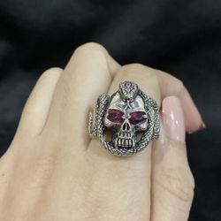 925 Sterling Silver Mens Biker Goth Red Eyes Skull with Snake Serpent Ring Sz 9