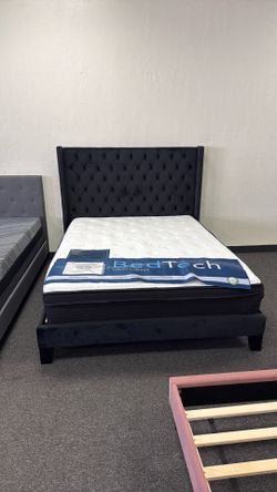 Black velvet queen platform bed frame