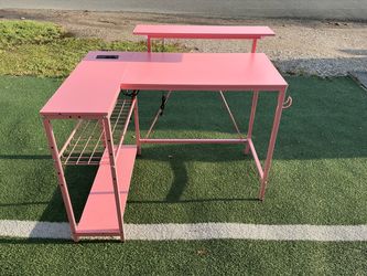 Pink L-Shaped Gaming Desk with Monitor Riser