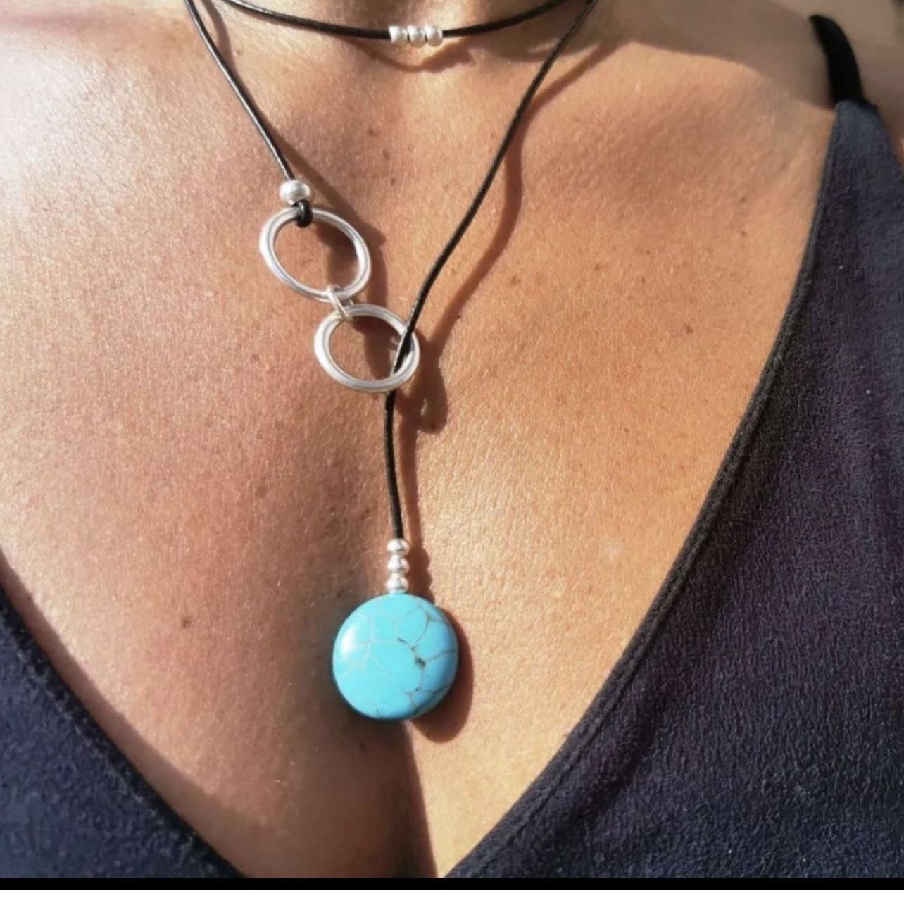 One Piece Retro Round Layered Necklace Turquoise New