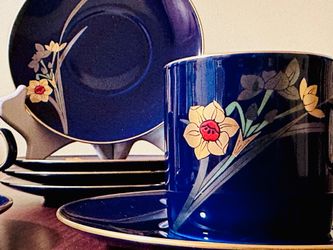 Vtg Five Cobalt Blue Fukagawa Koransha Tea Cups Porcelain Gold Trim
