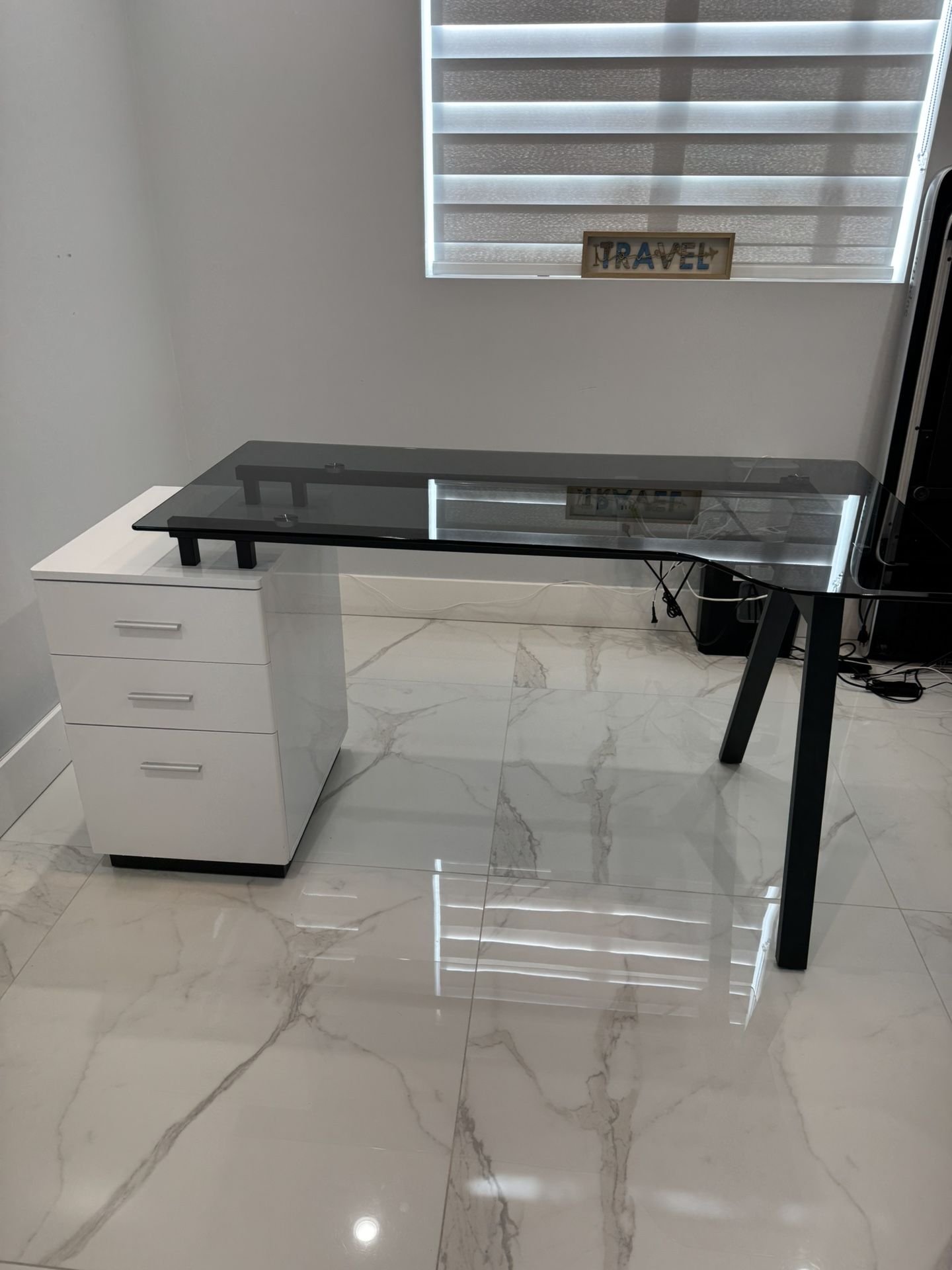 Modern L-Shaped Glass Desk with 3-Drawer Cabinet