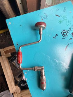 Vintage Antique Hand Crank Brace & Bit Ratchet Drill With Red Wood Handles,