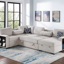 4 PCS  4-Piece Convertible Sleeper Sofa W/Fold-Down Table, Chaise Storage, Wireless Charging & Built-in Shelf-Avail in 2 color Now  1349.00