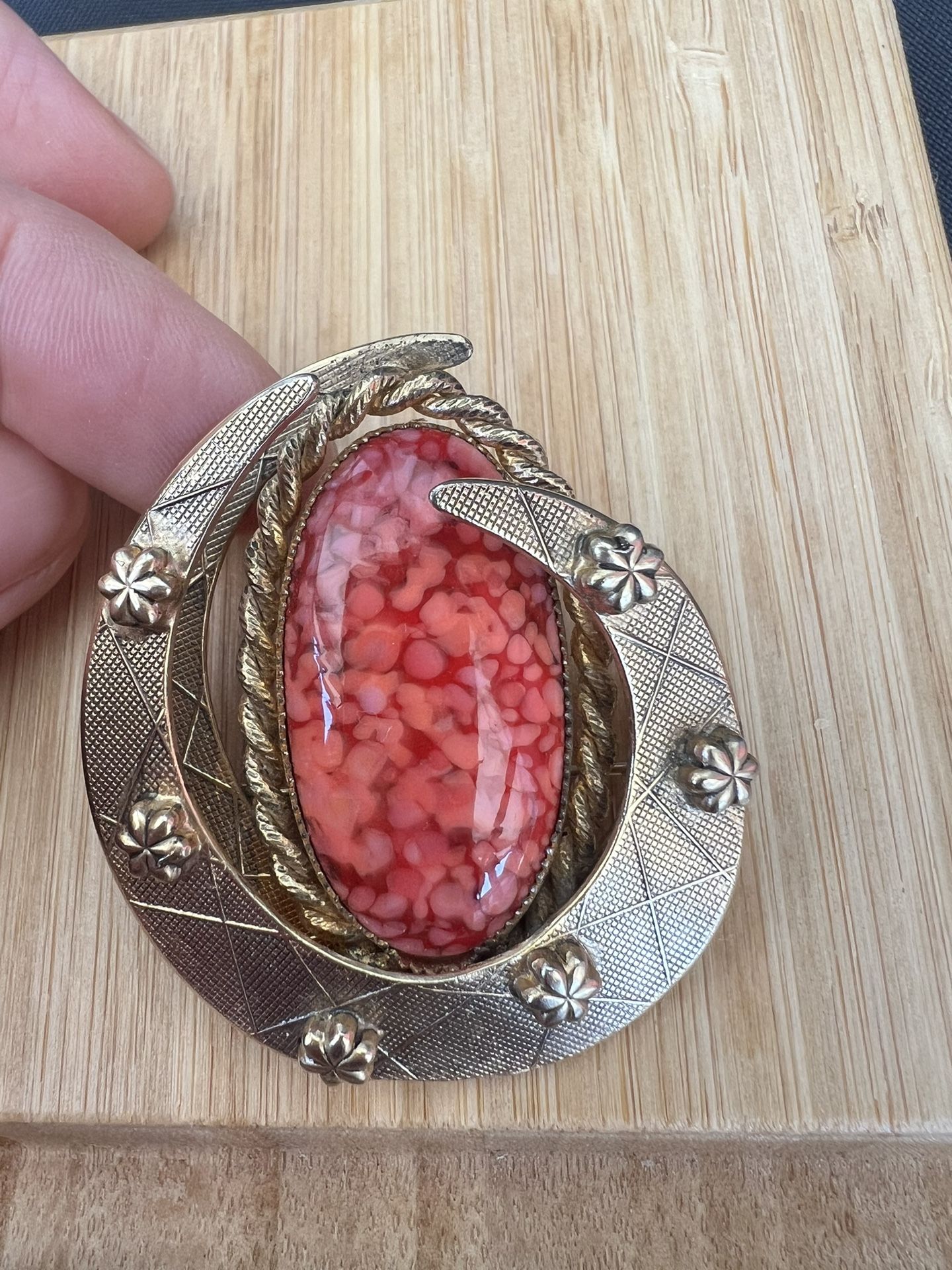 Vintage Sandor Co. Brooch | Gold Tone Crescent & Floral Design | Red Marbled Glass Cabochon | Mid-Century Costume Jewelry