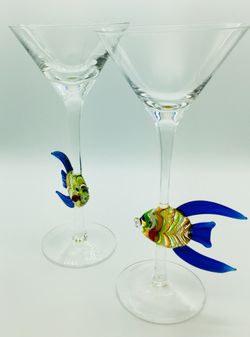 Italian Hand Blown Glass Fish on 9” tall Martini Glass Set of 2