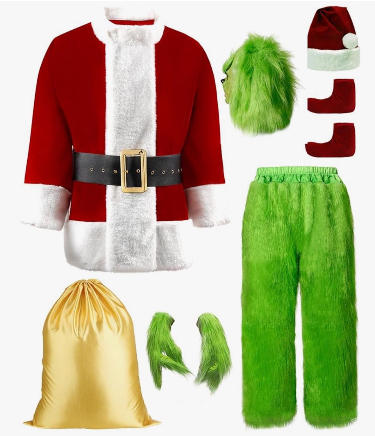 Green Christmas Costume for Men Halloween Costumes Adult Santa Costume with Mask 8PCS Deluxe Funny Cosplay Outfit