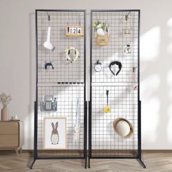 2' x 5.6' Grid Wall Panels Tower, 2 Packs Wire Gridwall Display Racks with T-Base Floorstanding, Double Side Gridwall Panels for Art Craft Shows, Reta