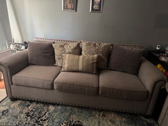 Gray Fabric Sofa with Nailhead Trim