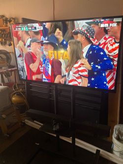 ROLLING Tv CART w/ TV and SOUND BAR! Use in your garage, patio or watch the FIFA World Cup anywhere