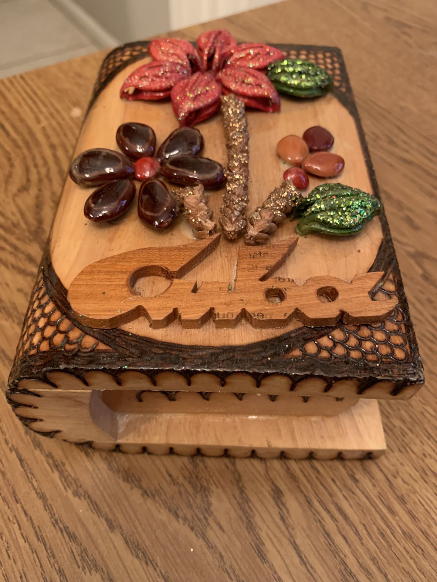 Jewerly Box Handmade rustic Wooden with 3D Floral Design Hinged Box Cuba