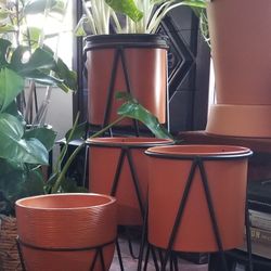 Mid Century Modern Pedestal Planter Terra Cotta Black Iron Holder