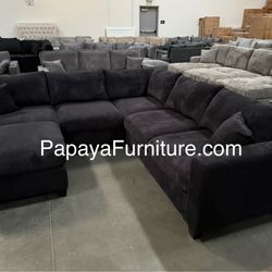 New! Black Sectional Sofa And Ottoman, Black Couch, Black Corduroy Sectional. L-Shaped Sofa, Couch, Sectionals, Black Sofa, Black Sectional,Plush Sofa
