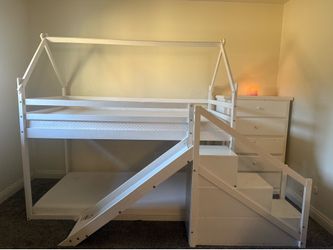 Bunk beds full size with slide and stairs (White)