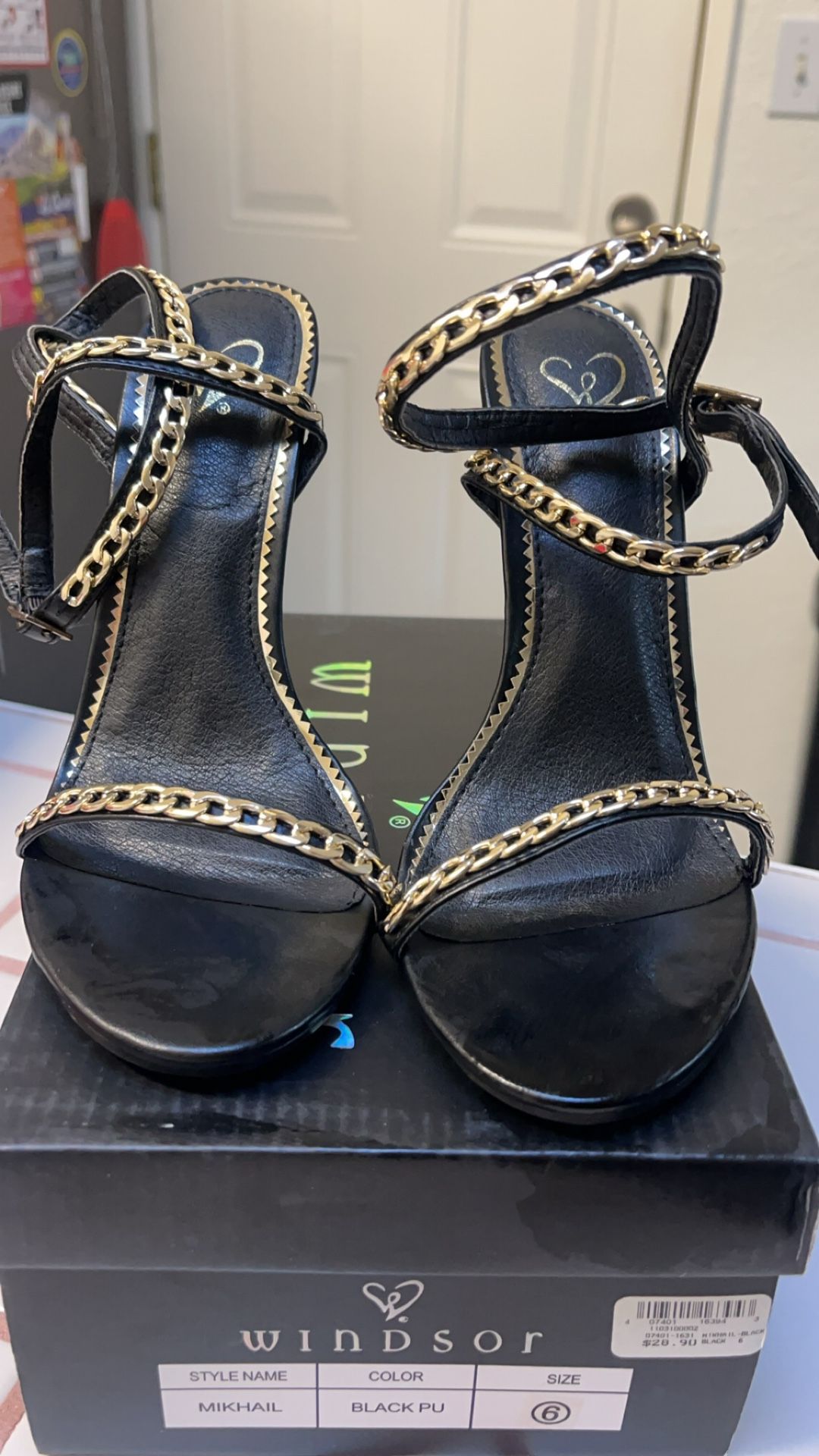 Black Heels with Gold Chain Accents