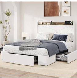 Full Size Bed Frame with Storage Drawer and USB Ports, White