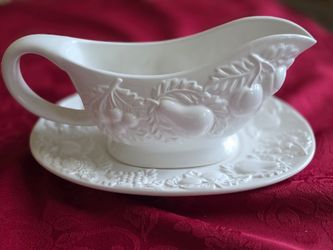 Gibson White Ceramic Gravy Boat with Embossed Fruit Design
