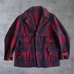Vtg 50s Coon-Tail Wool Hunting Jacket Red Buffalo Plaid XL 23.5x30 Michigan USA