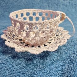 Homemade Vintage Beige Crochet Tea Cup and Saucer