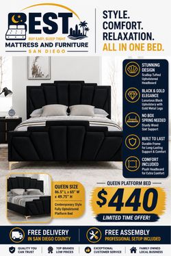 Luxury Queen Platform Bed – Black & Gold Upholstered – NEW – $440