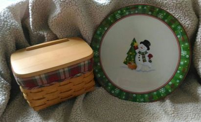 Longaberger Receipe Basket and Snowman Cookie Plate