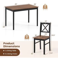 ✌️ 5Pcs  Dining Set, 1 Rectangular Kitchen Table & 4 Chairs with Rubber Wood Legs, Cross Backrest, Space-Saving Mid Century Modern Dinette Set