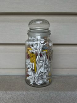 Vintage 1981 Planters 75th Anniversary Glass Jar Filled with Retro Golf Tees