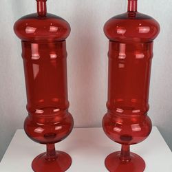 2 Large Red Glass Vases With Lids