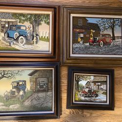 H. Hargrove Framed Serigraph Cars Oil Paintings