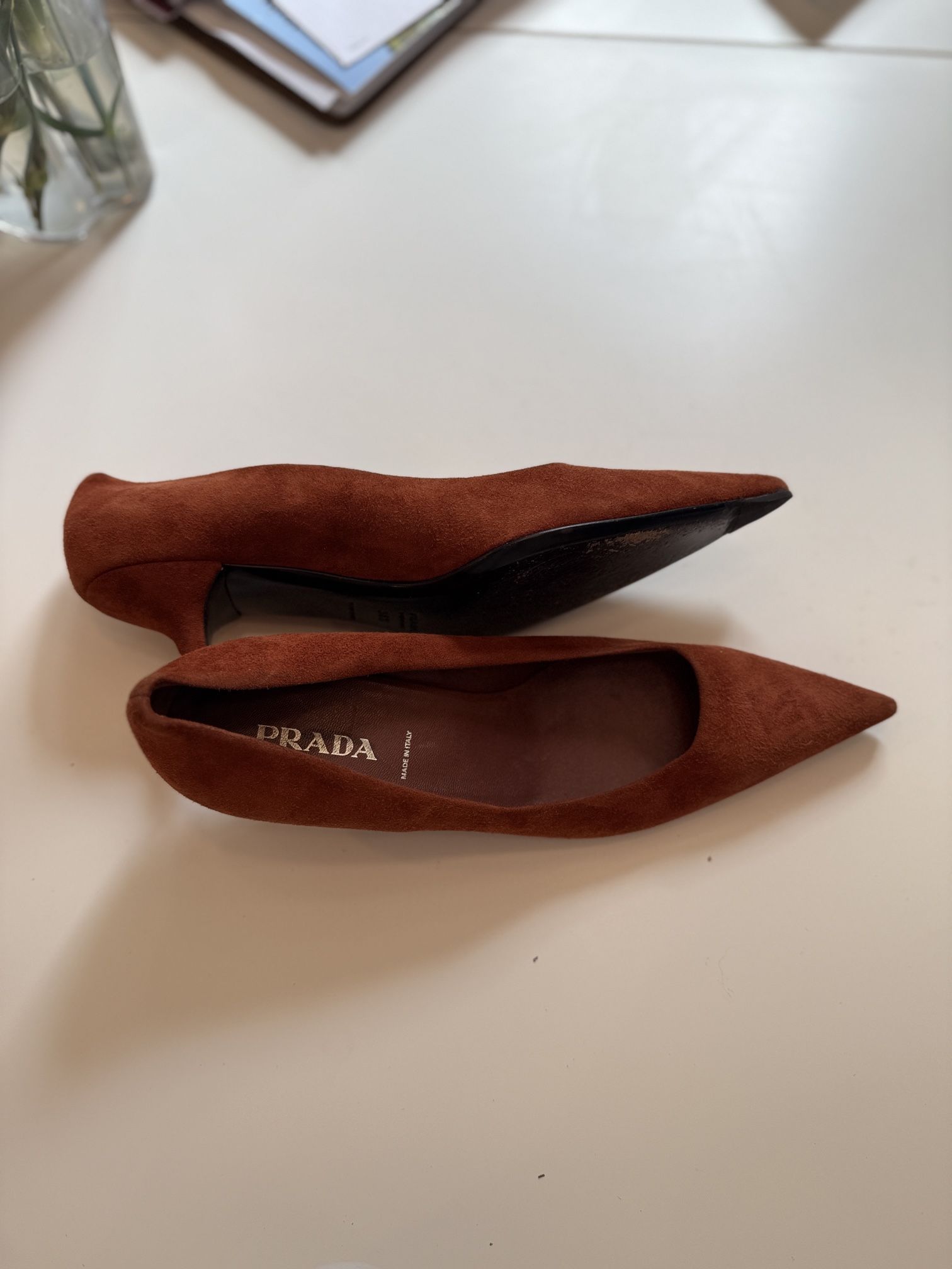 Prada Suede Kitten Heel Pointed Toe Pumps Burnt Orange