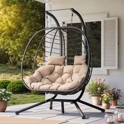 Hanging Egg Chair with Stand Double Wicker Swing Egg Chair Patio Hammock Chair, Foldable Swing Loveseat for Patio, Balcony, Porch, Indoor,