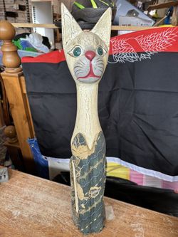 Large Vintage Hand Carved Hand Painted Wooden Cat