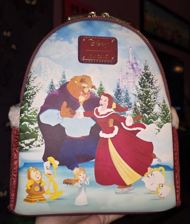 Brand New! Loungefly Disney Beauty and the Beast Winter Ice Skating Mini Backpack