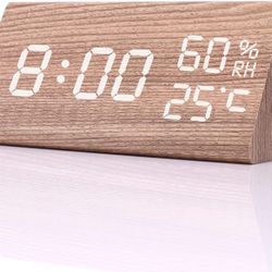 Wooden Digital Alarm Small Clock ,Electronic LED Time Date Display Adjustable Brightness