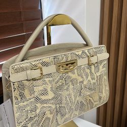 Carmen Steffens Beige Animal Print Top Handle Satchel Bag Buckle Accent